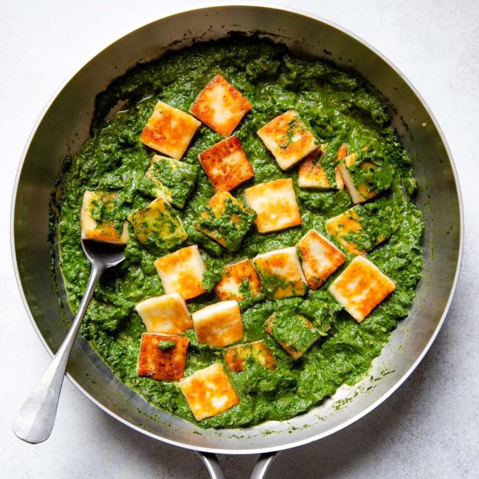 A skillet of vibrant green spinach curry with golden-brown paneer cheese cubes and a spoon.