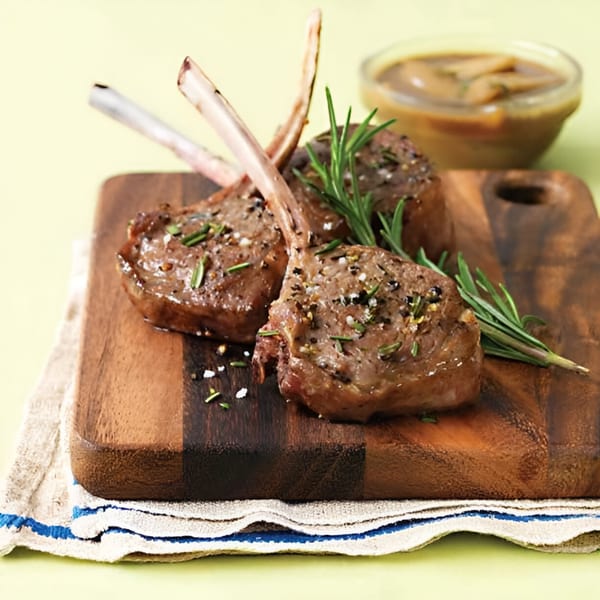 Three Mediterranean lamb chops with rosemary and seasoning on a wooden board, with sauce.